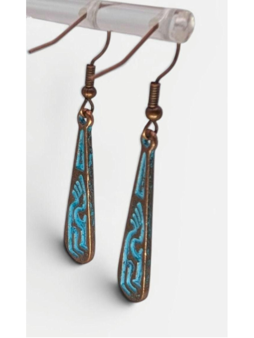 Kokopelli Dangle Earrings, Antique Style Copper Patina Tone Southwestern - Picture 9 of 10